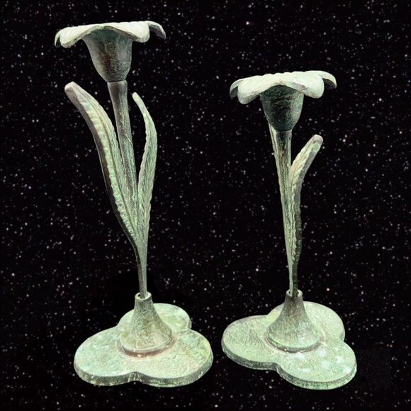 VINTAGE ARCHANA CRAFTS METAL CANDLE HOLDER TAPER TULIPS Set India 8”T 7”W - Picture 1 of 11